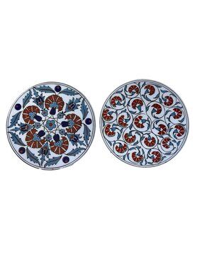 Vintage Hand Painted Ceramic Trivet Set Floral Blue Red Tile Hot Plate 6”